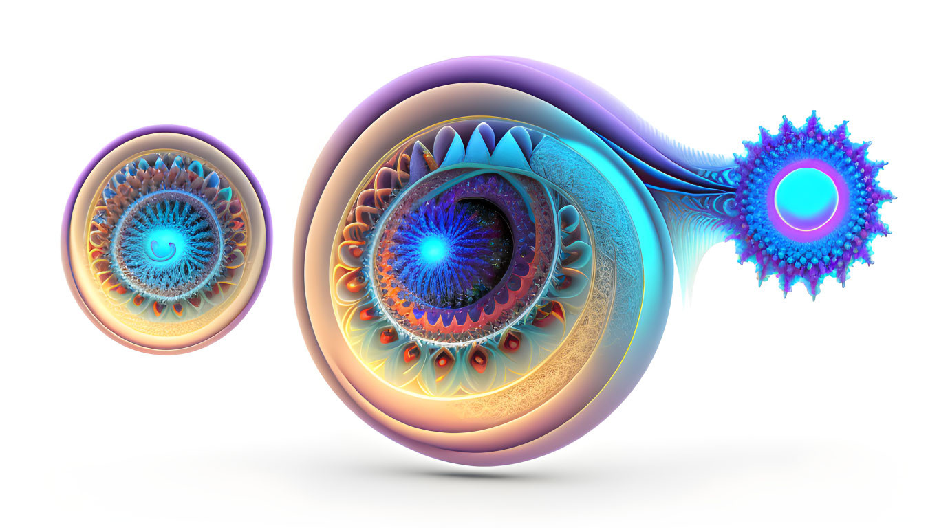 Colorful 3D fractal graphic with interconnected orbs in blue, orange, and purple