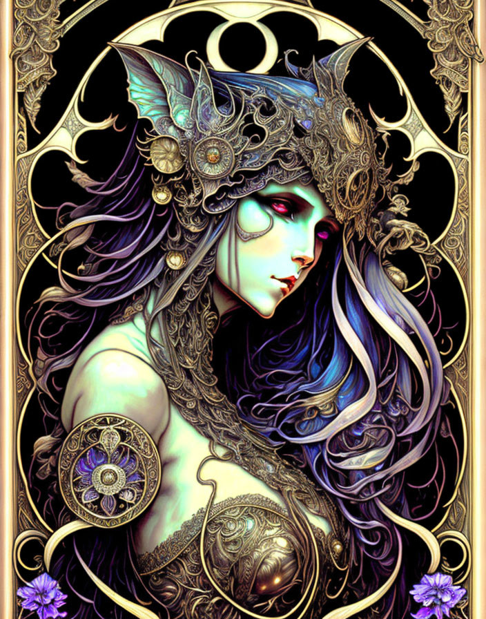 Fantasy figure with crescent moon headgear in golden Art Nouveau borders