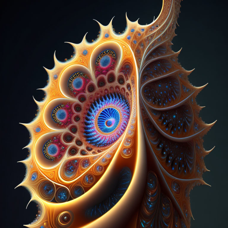 Colorful Fractal Art: Spiral Patterns in Orange, Blue & Gold