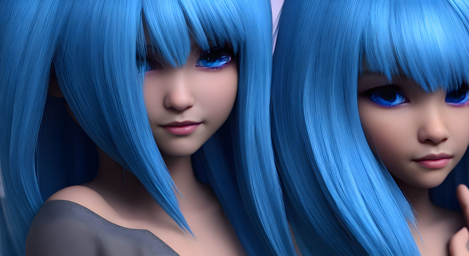 Vibrant blue hair and striking blue eyes on two female animated characters