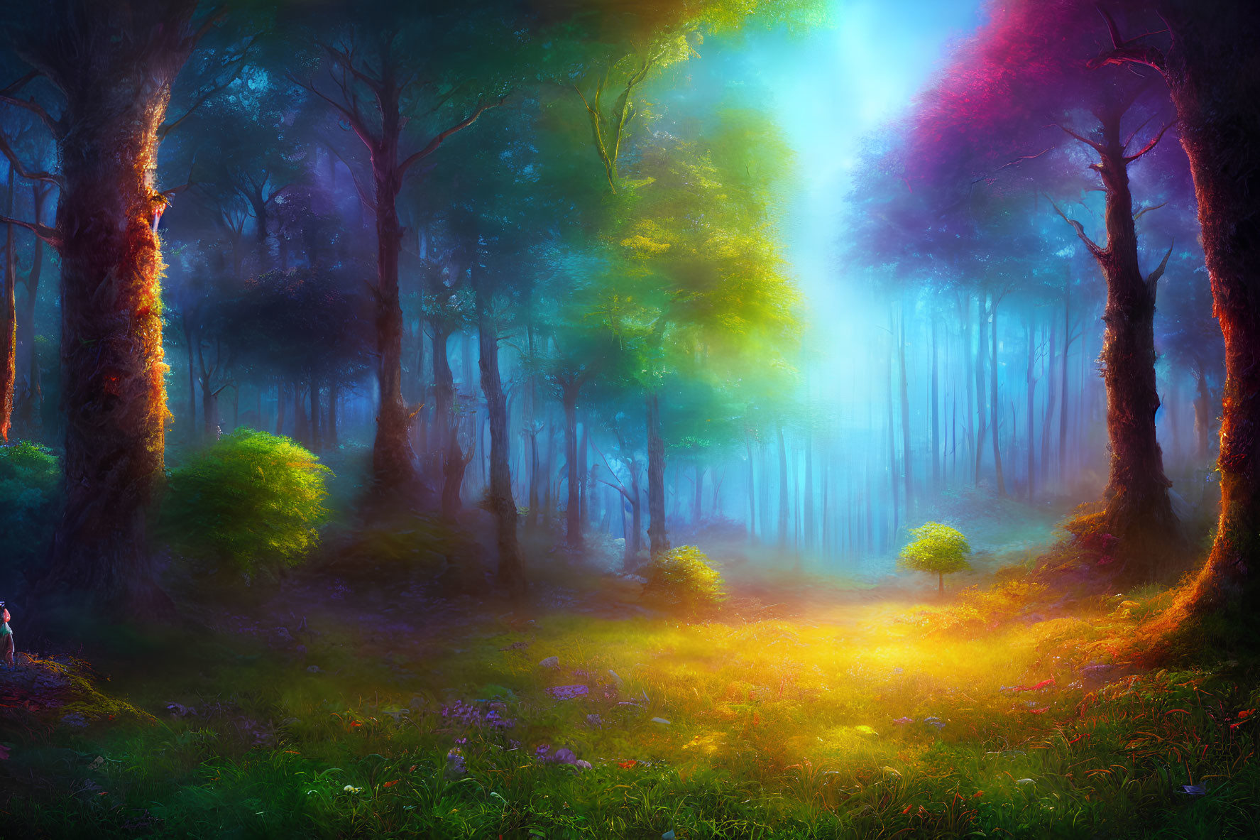 Vivid Enchanted Forest with Sunlight and Glowing Ground