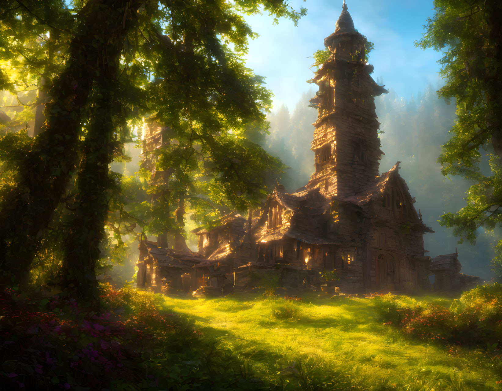 Mystical forest scene at sunrise with wooden tower & lush nature