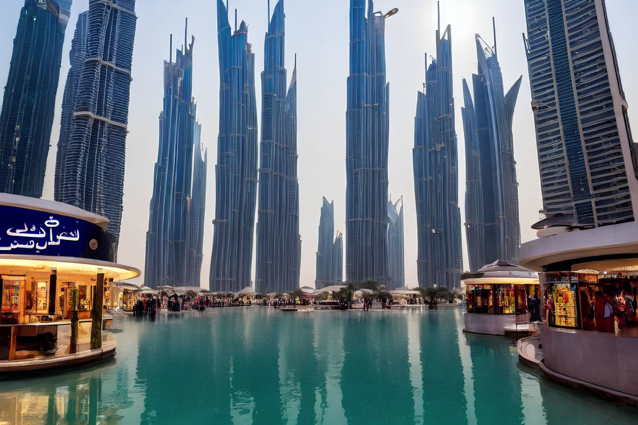 Bustling waterfront promenade with skyscrapers under hazy sky