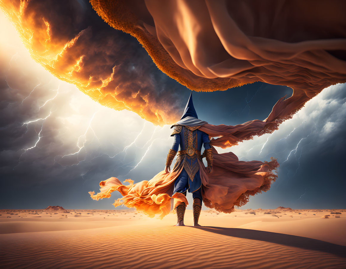 Blue-robed mage in desert under fiery sky with lightning