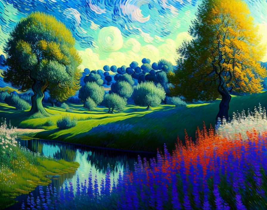 Colorful landscape painting with swirling sky, flowering meadow, river, and whimsical trees.