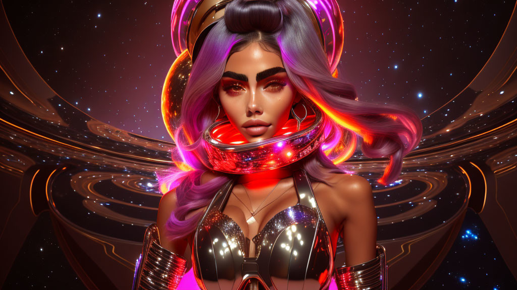 Colorful-haired female character in metallic armor against cosmic backdrop