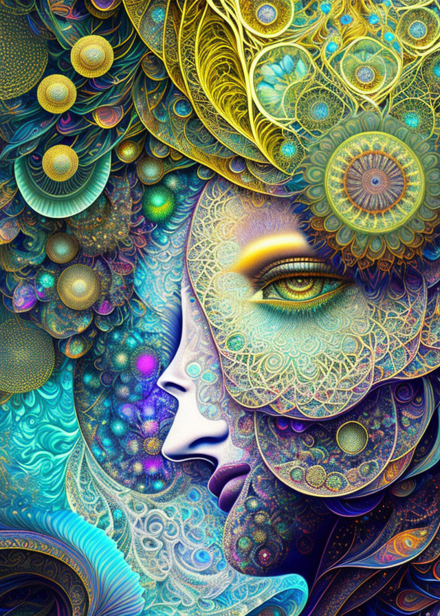 Colorful digital art: Two faces with intricate patterns & peacock feathers