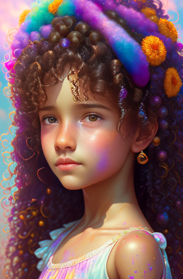 Young girl with galaxy headpiece and pastel dress in soft glow