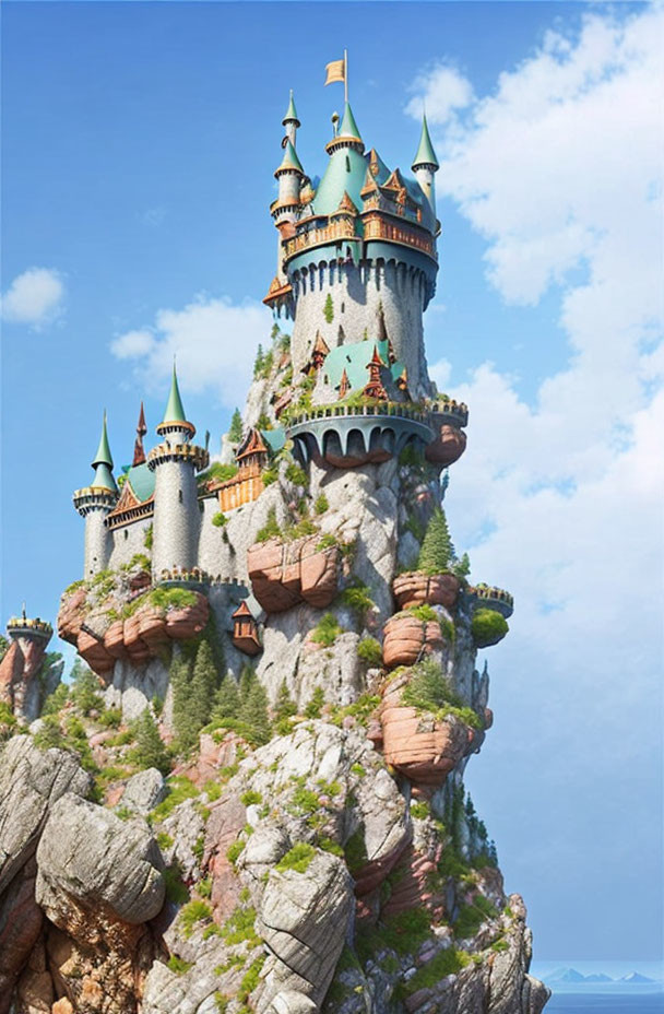 Fantastical castle with multiple turrets on rugged cliffs