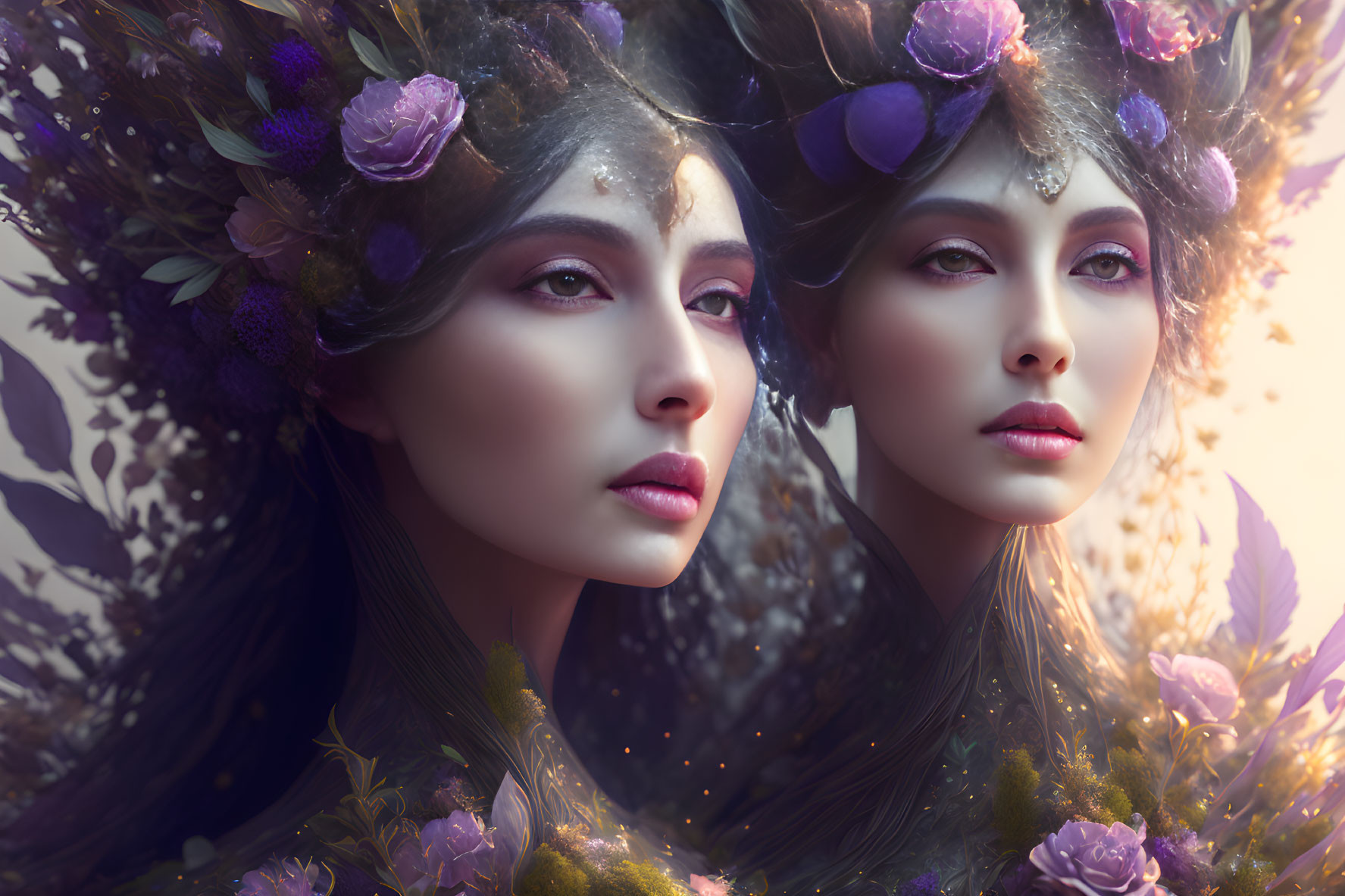 Two women in floral headpieces with mirrored images and purple blossoms.