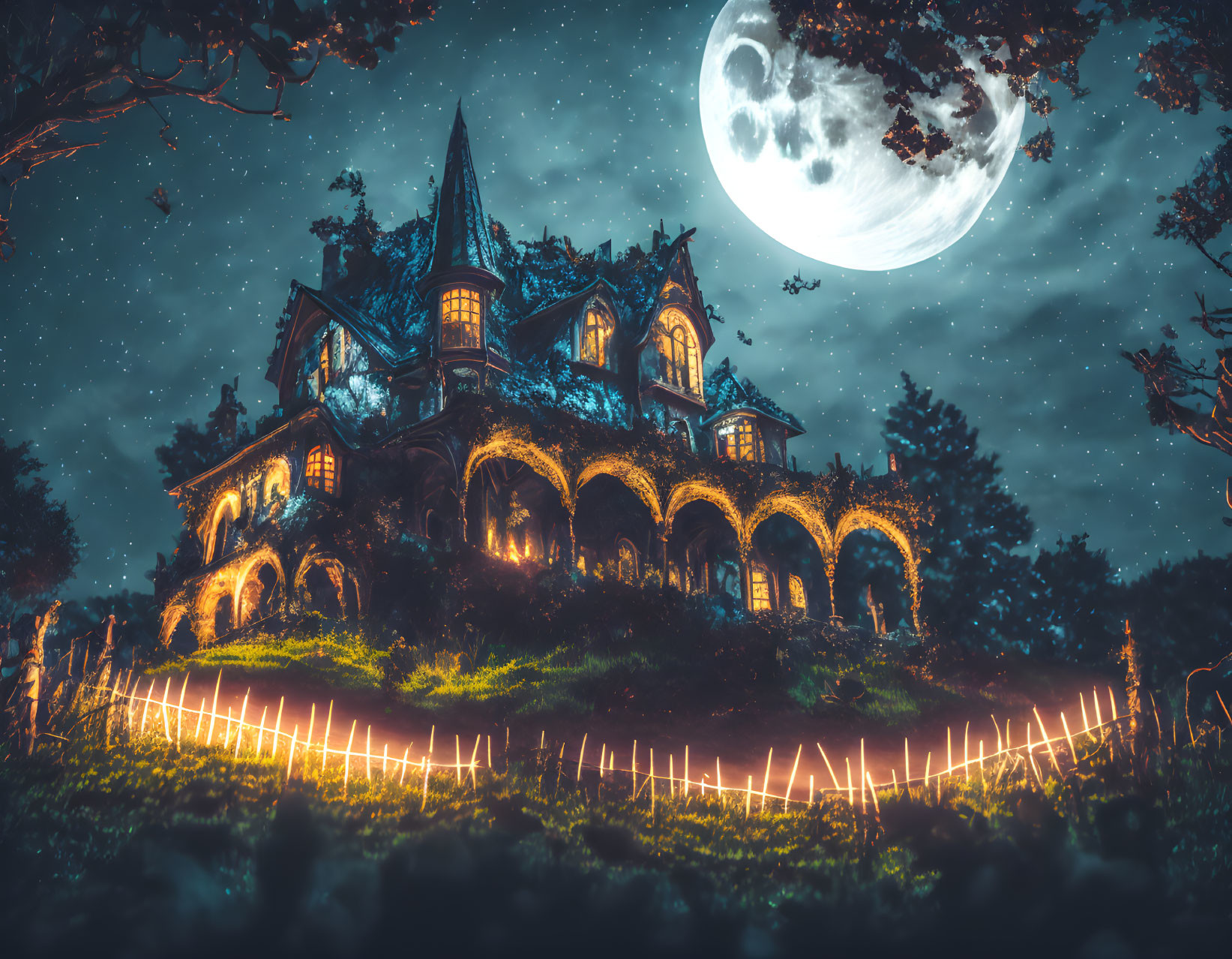 Spooky mansion on hill under full moon with warm lights and starry sky.