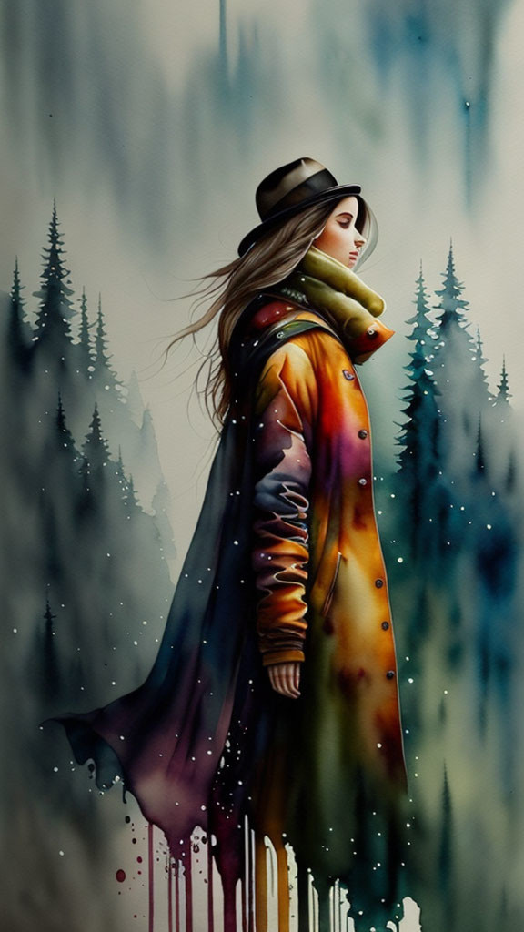 Colorful Coat and Hat Woman in Misty Forest Illustration