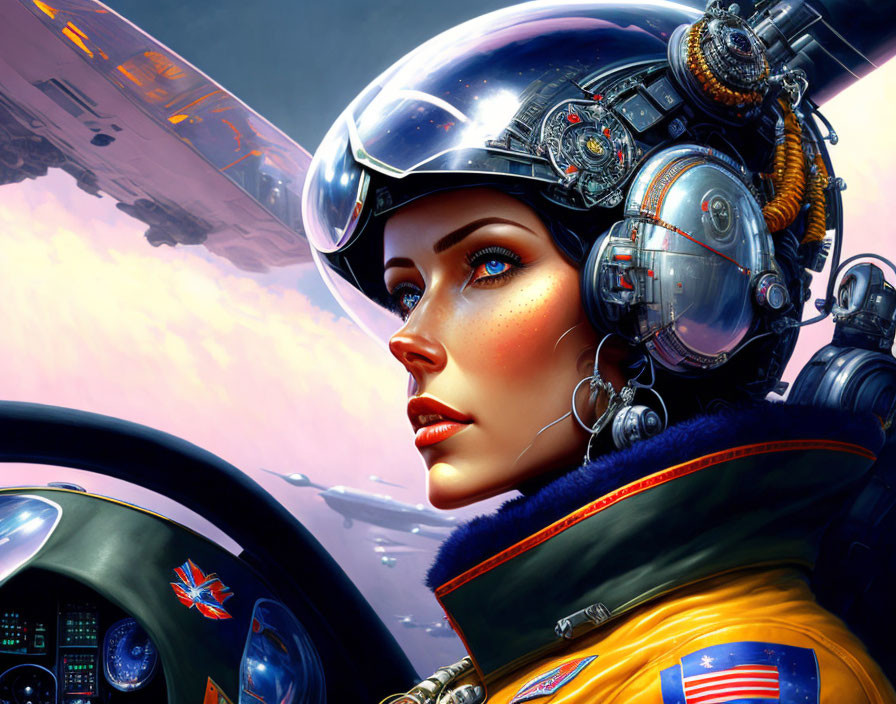 Female Pilot in Futuristic Helmet with Aircraft Reflections