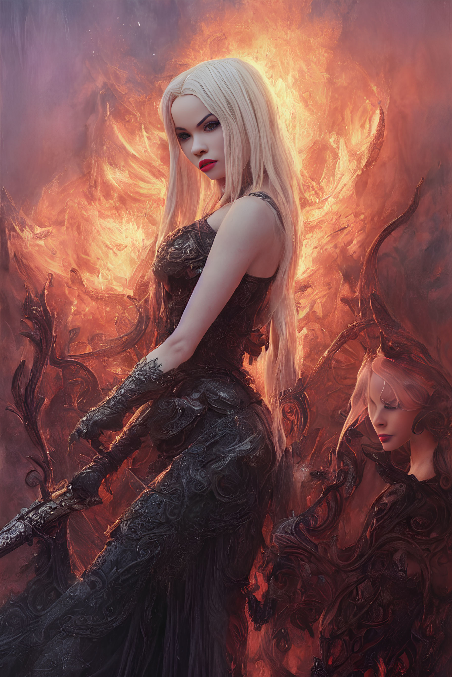 Platinum blonde woman in dark gown with mystical staff before fiery backdrop