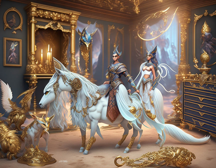 Fantasy warriors, unicorn, and mystical creatures in golden room