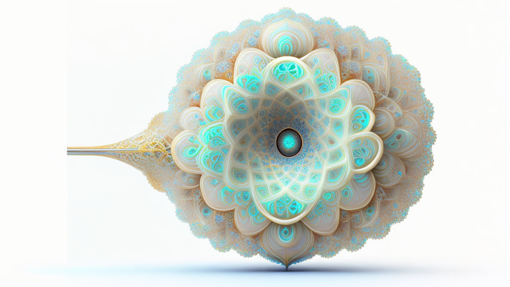 Intricate Fractal Art: Peacock Feather Design in Blue & Beige