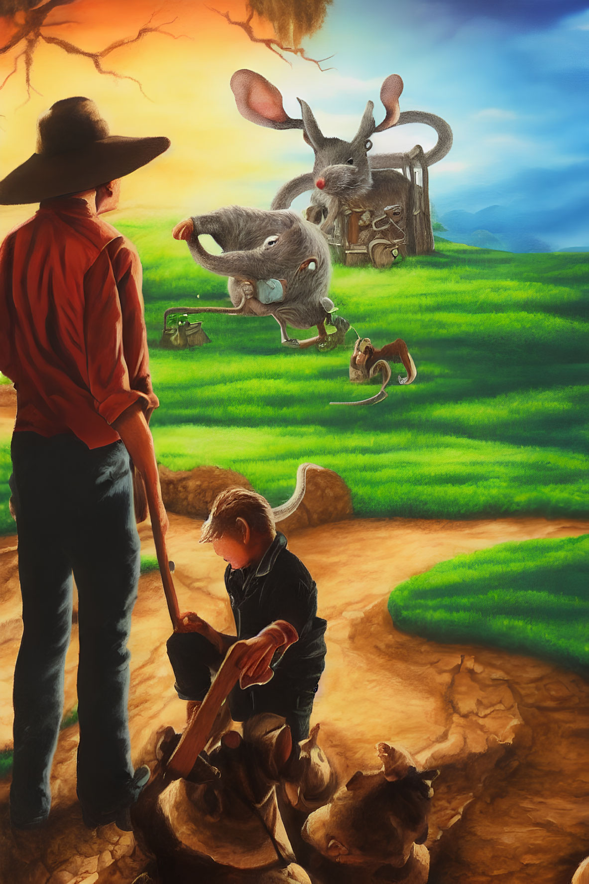 Child digging with farmer and oversized mice in vibrant rural landscape