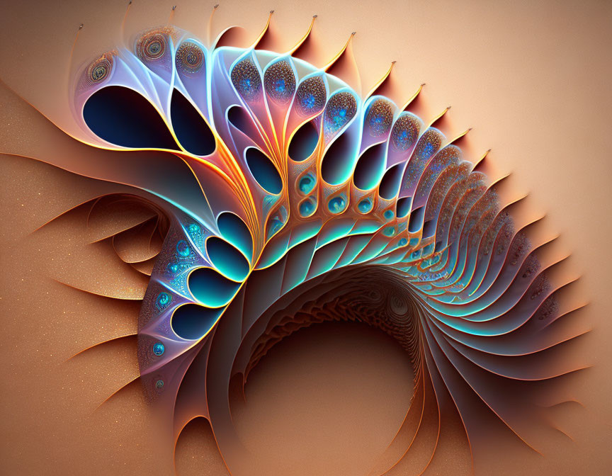 Colorful digital fractal art with swirling patterns in blue, orange, and brown