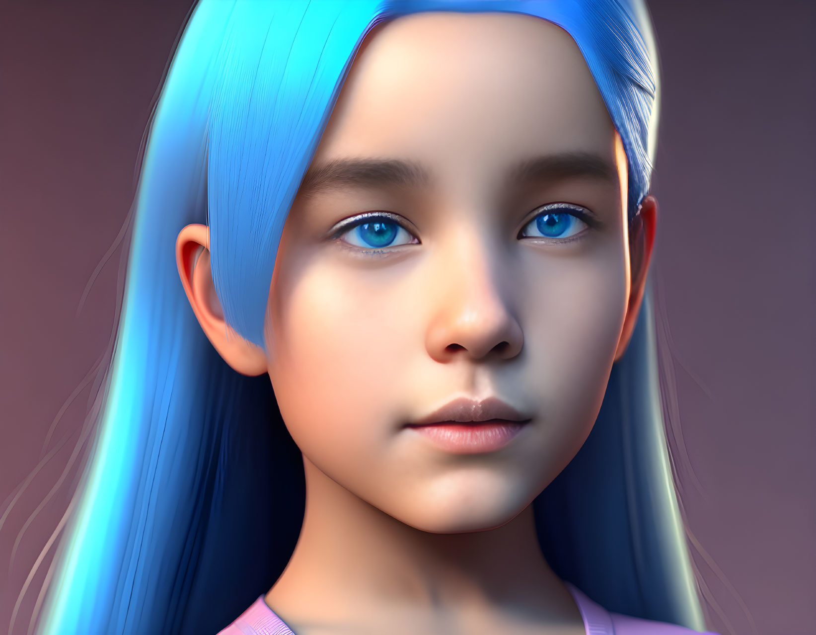 Detailed digital artwork: young girl with blue hair and eyes on purple background