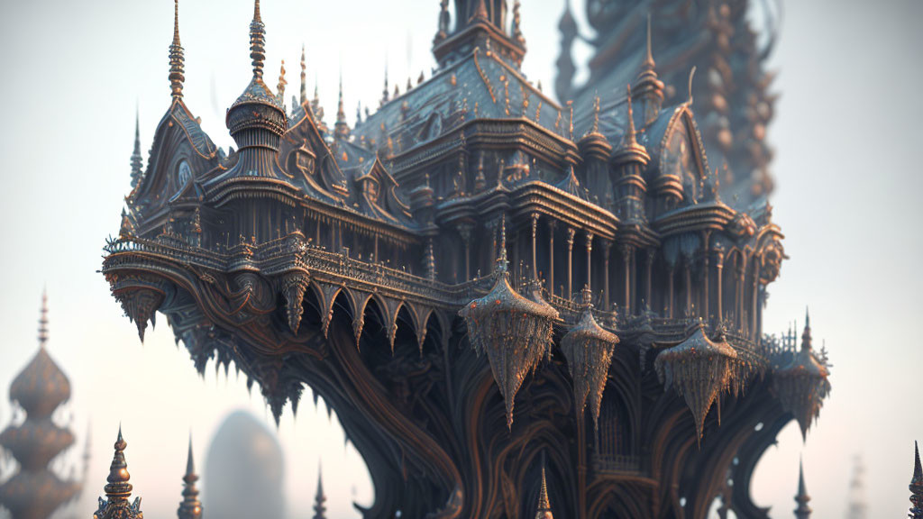 Fantastical floating structure with intricate spires and arches