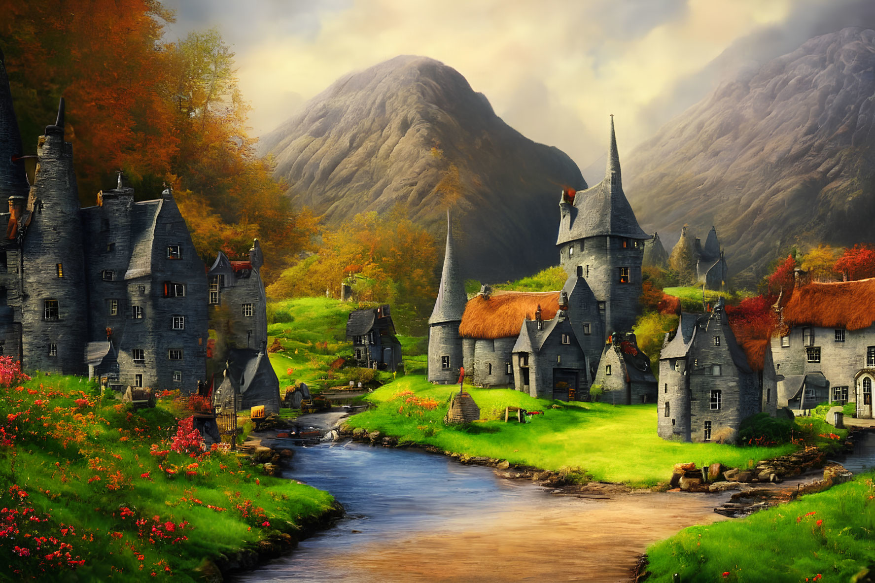 Medieval village with stone cottages, thatched roofs, castle, river, lush hills