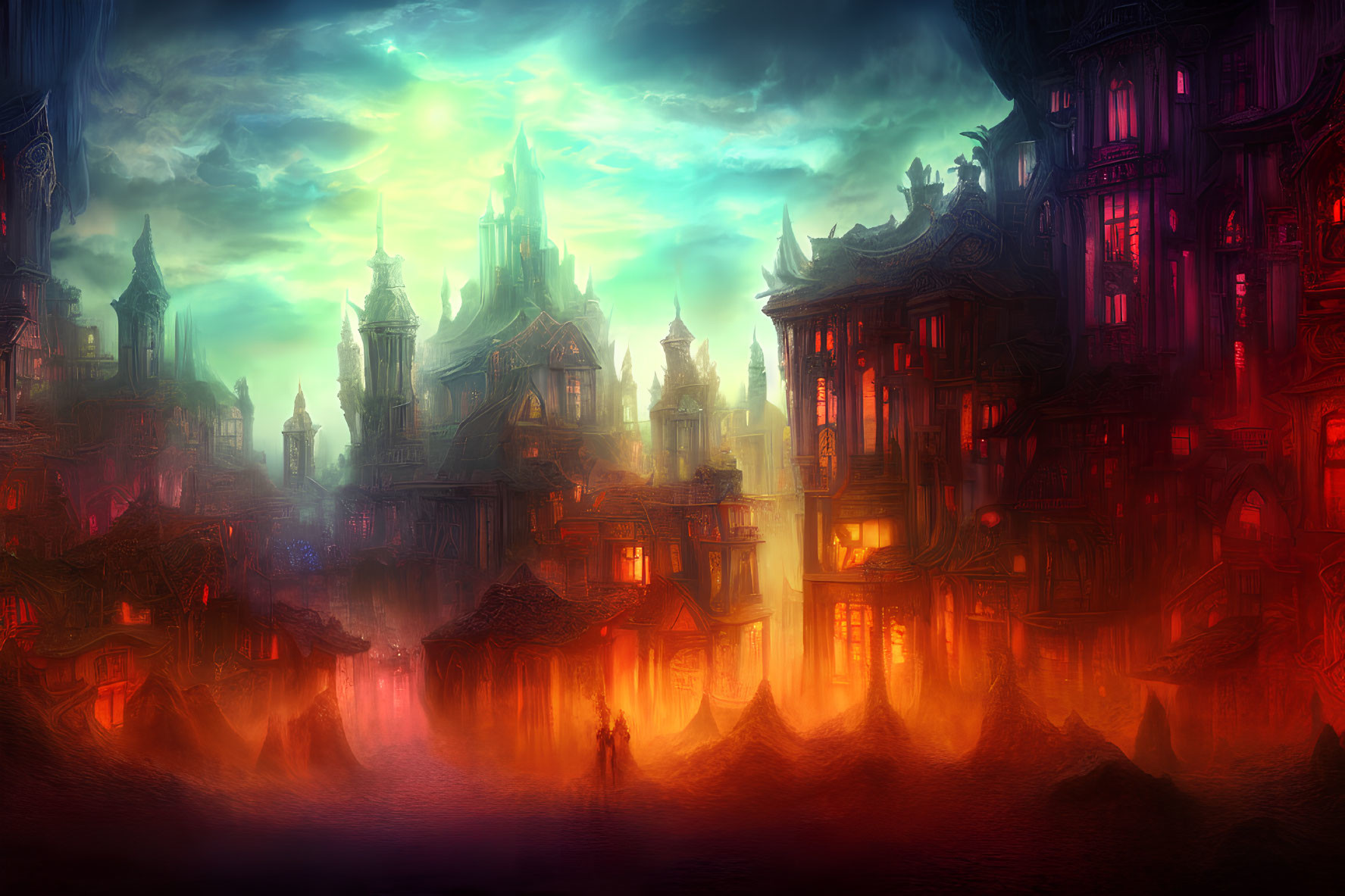 Intricate cityscape with warm glow in hazy twilight sky