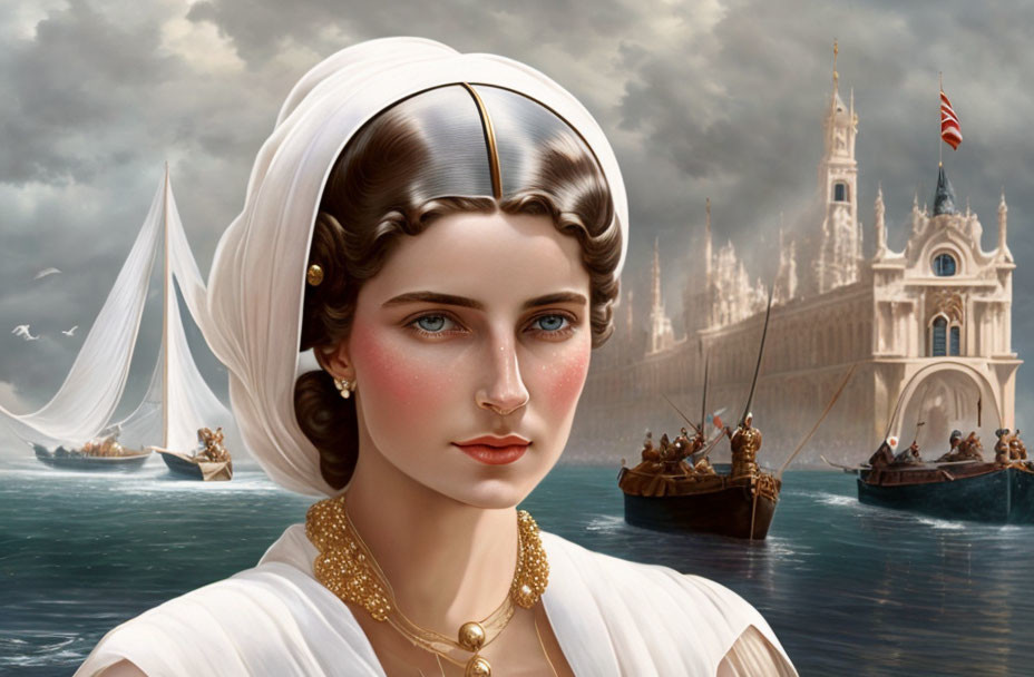 Digital painting of woman with white headband and gold necklace in fantasy seascape.