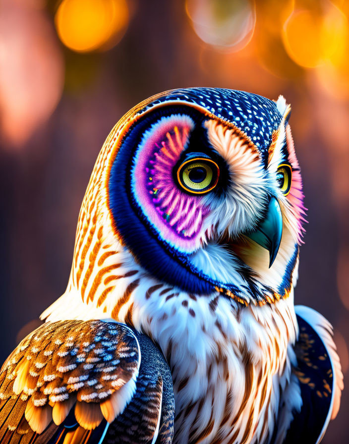 Colorful Owl Artwork with Blue, Purple, and Gold Feathers