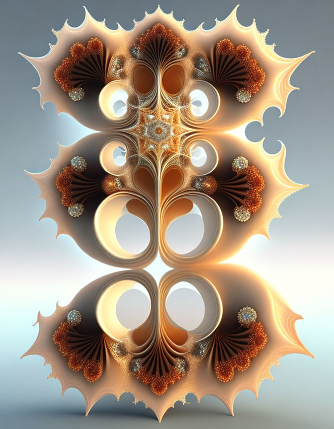 Symmetrical fractal image with earthy tones and spherical shapes