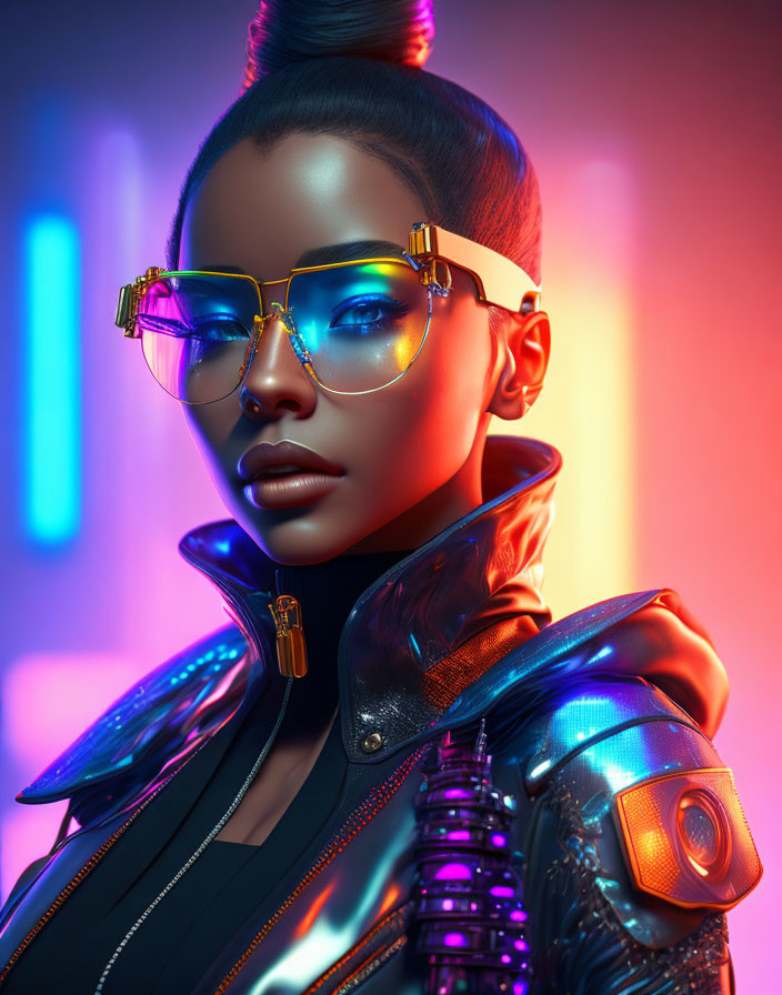 Futuristic woman in neon-lit attire and sunglasses