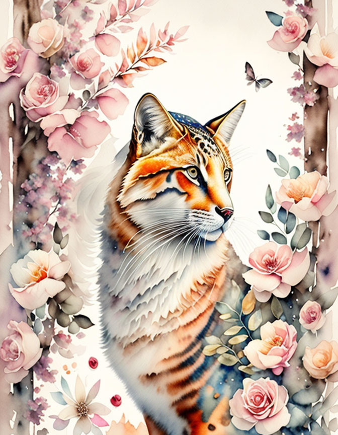 Majestic cat with pink roses in watercolor effect