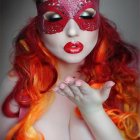 Vibrant red hair woman with pink makeup and bold accessories