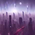 Futuristic purple cityscape with skyscrapers and flying vehicles