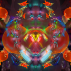 Symmetrical digital artwork with multicolored patterns and gold accents