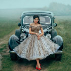 Golden multi-armed deity on fur, classic car, mountain backdrop