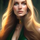 Woman with Long Flowing Hair and Golden Eyes in Green Armor Outfit