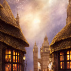 Gothic architecture in fantasy cityscape with warm golden lighting