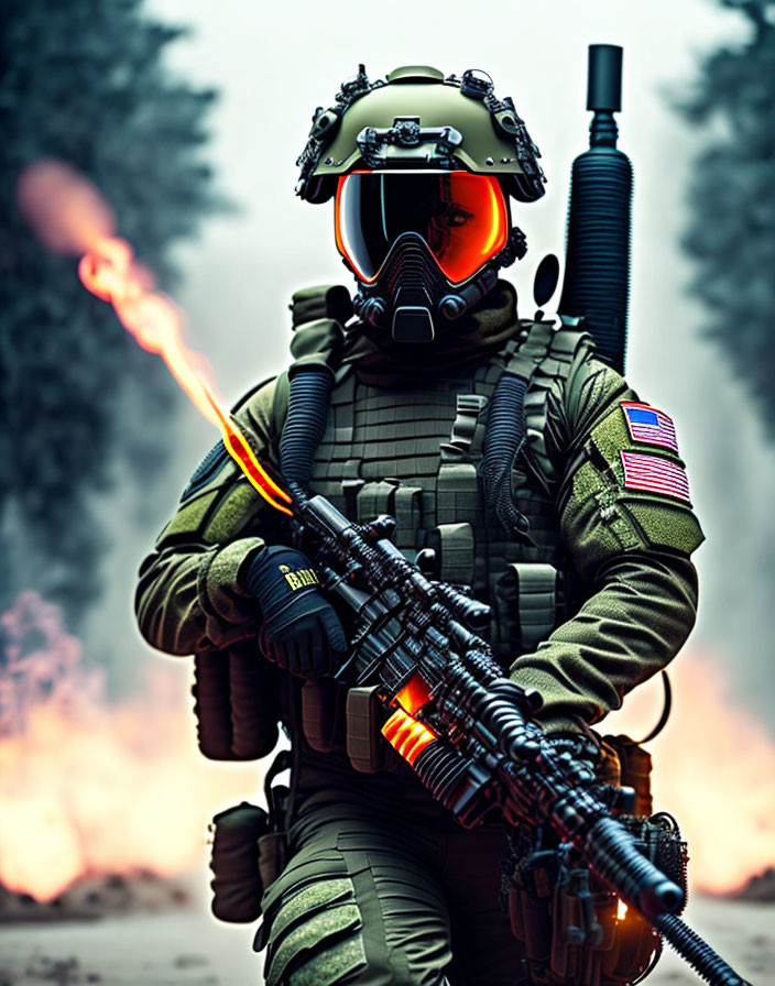 Futuristic soldier in combat gear with visor helmet and advanced rifle in flames