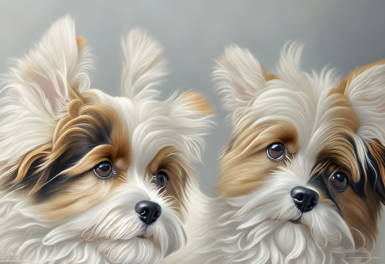 Fluffy brown and white dogs with expressive eyes and detailed fur textures