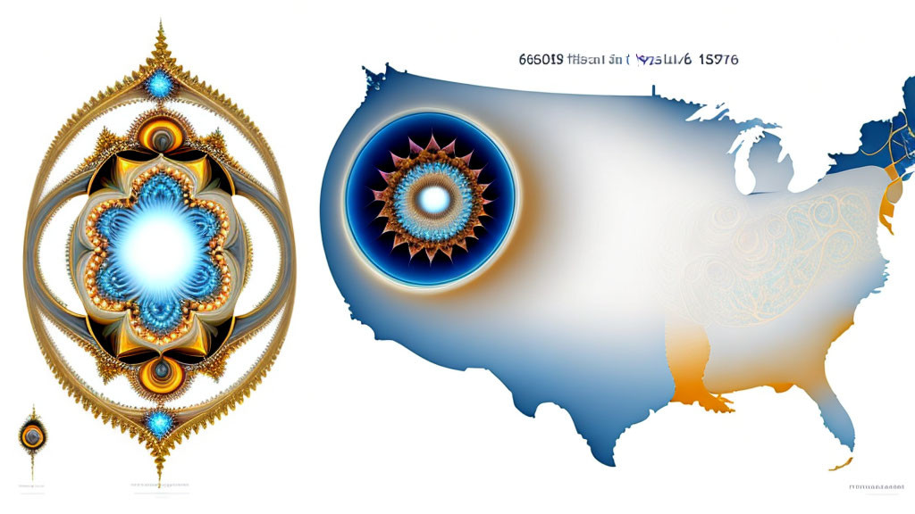 USA Map Abstract Art: Blue and Gold Fractal Patterns