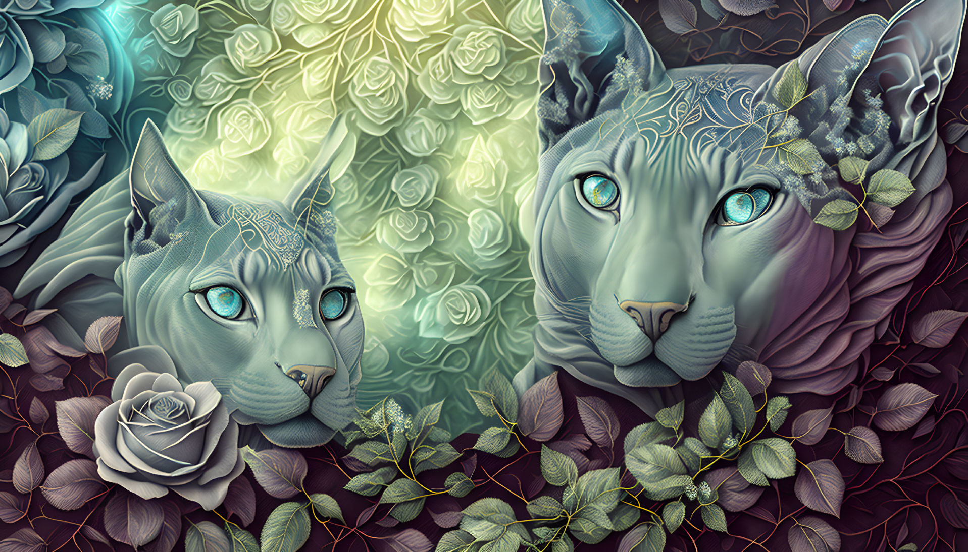 Stylized mystical cats with blue eyes in blue and purple floral setting