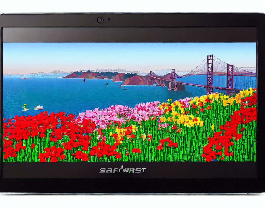 Vibrant laptop screen showing field of flowers and Golden Gate Bridge