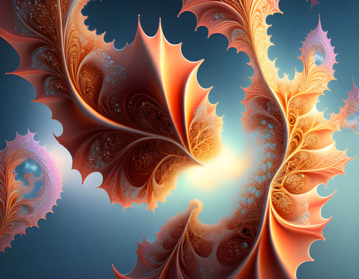 Intricate leaf-like fractal patterns in warm hues on blue background