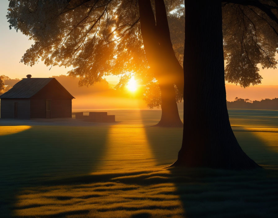 Tranquil sunrise over misty field with cabin