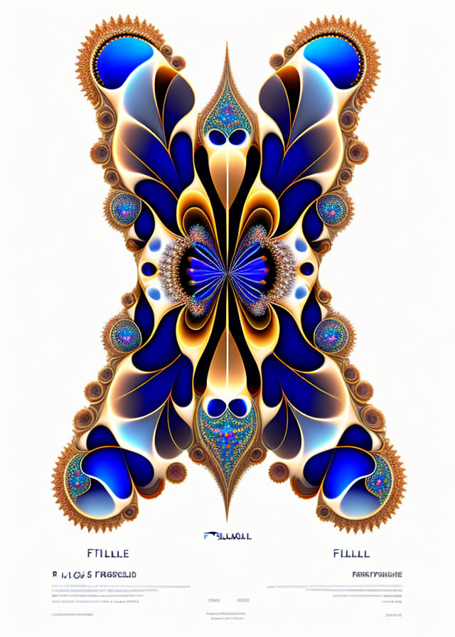 Symmetrical Butterfly Fractal Art with Blue, Gold, and Brown Palette