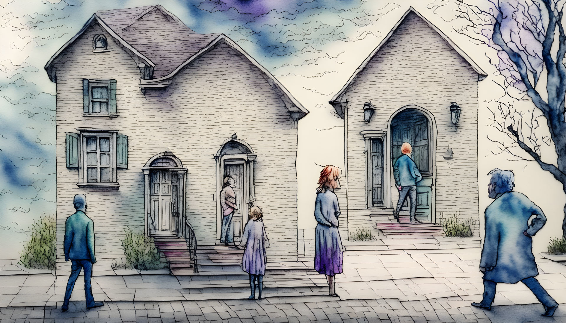 Detailed Watercolor Illustration of Traditional House Visit