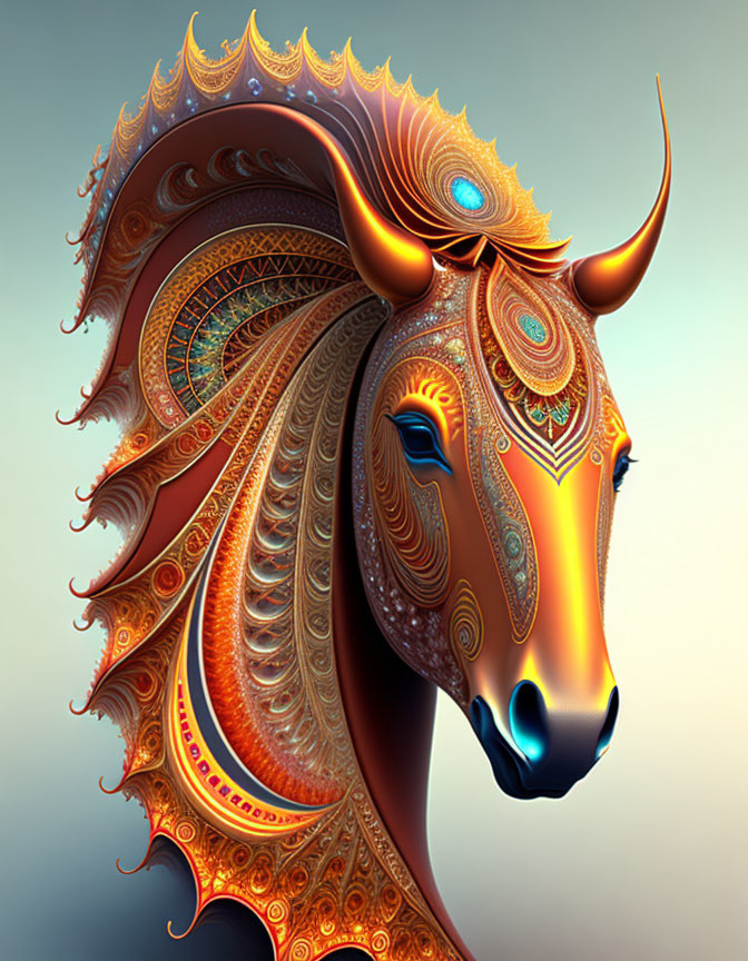 Stylized digital artwork: Intricate horse design with warm gradient colors