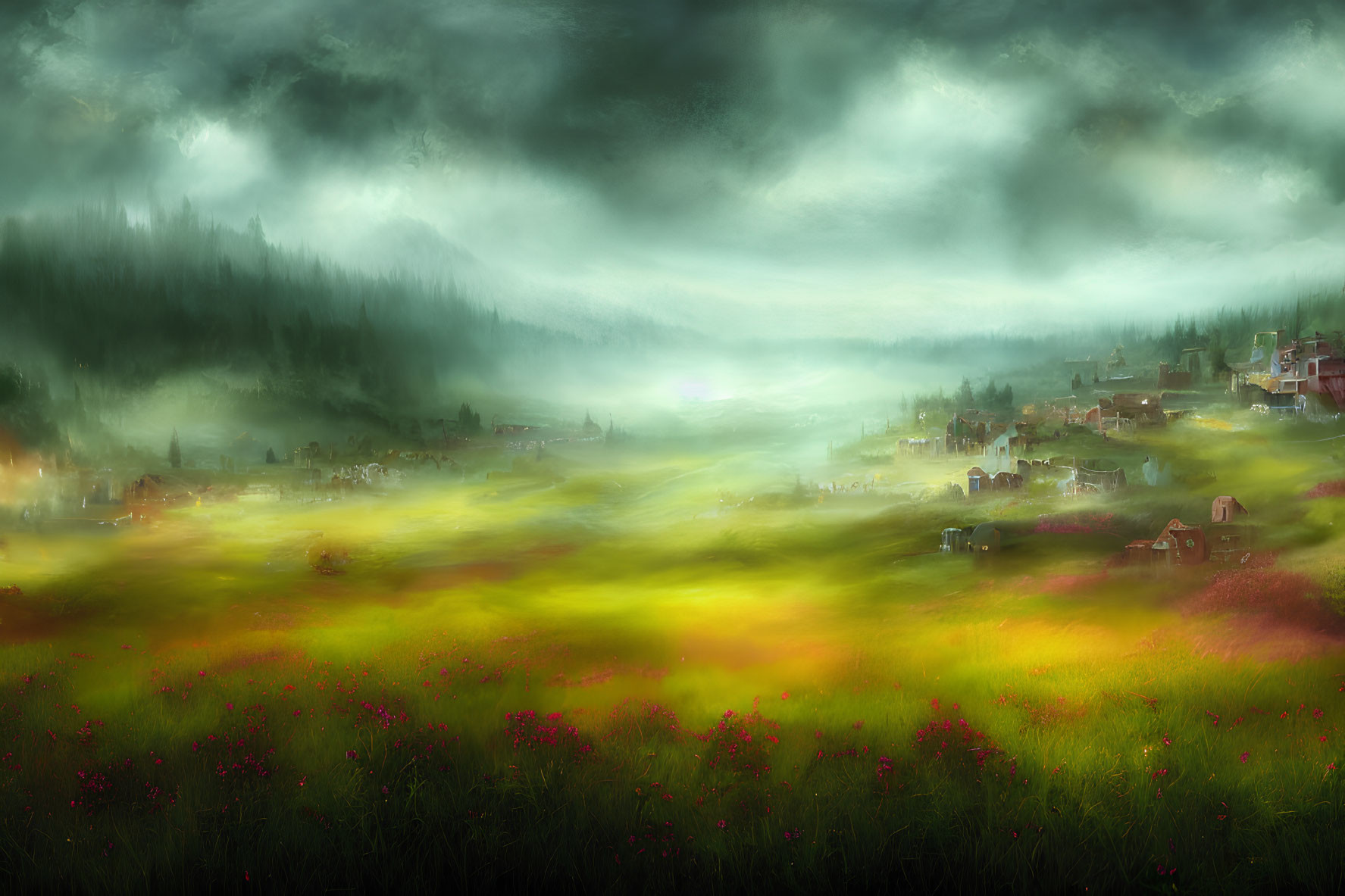 Misty meadow with vibrant flowers and village nestled among hills