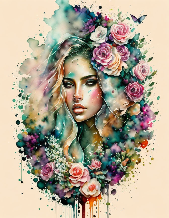 Colorful Watercolor Illustration of Woman's Face with Flowers and Butterfly