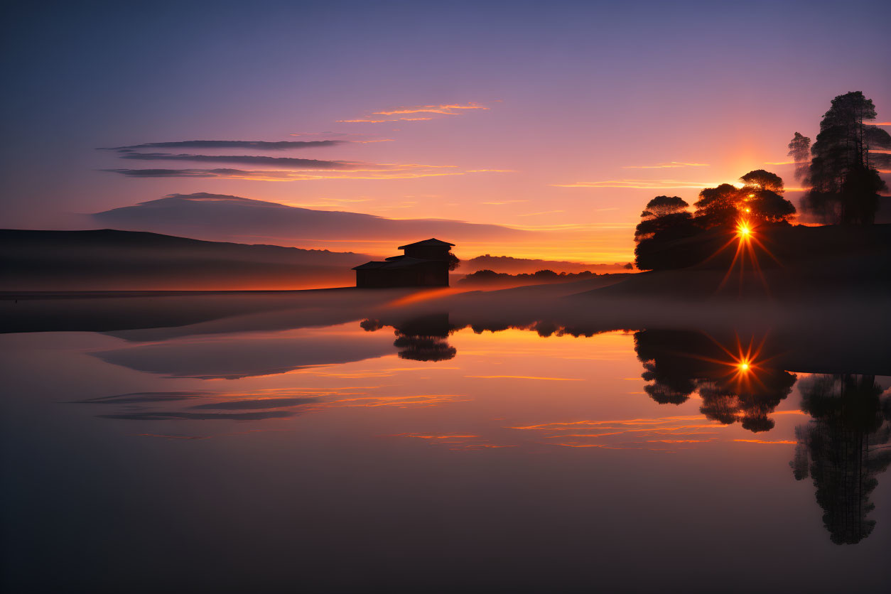 Tranquil sunrise with silhouetted trees and calm water reflection